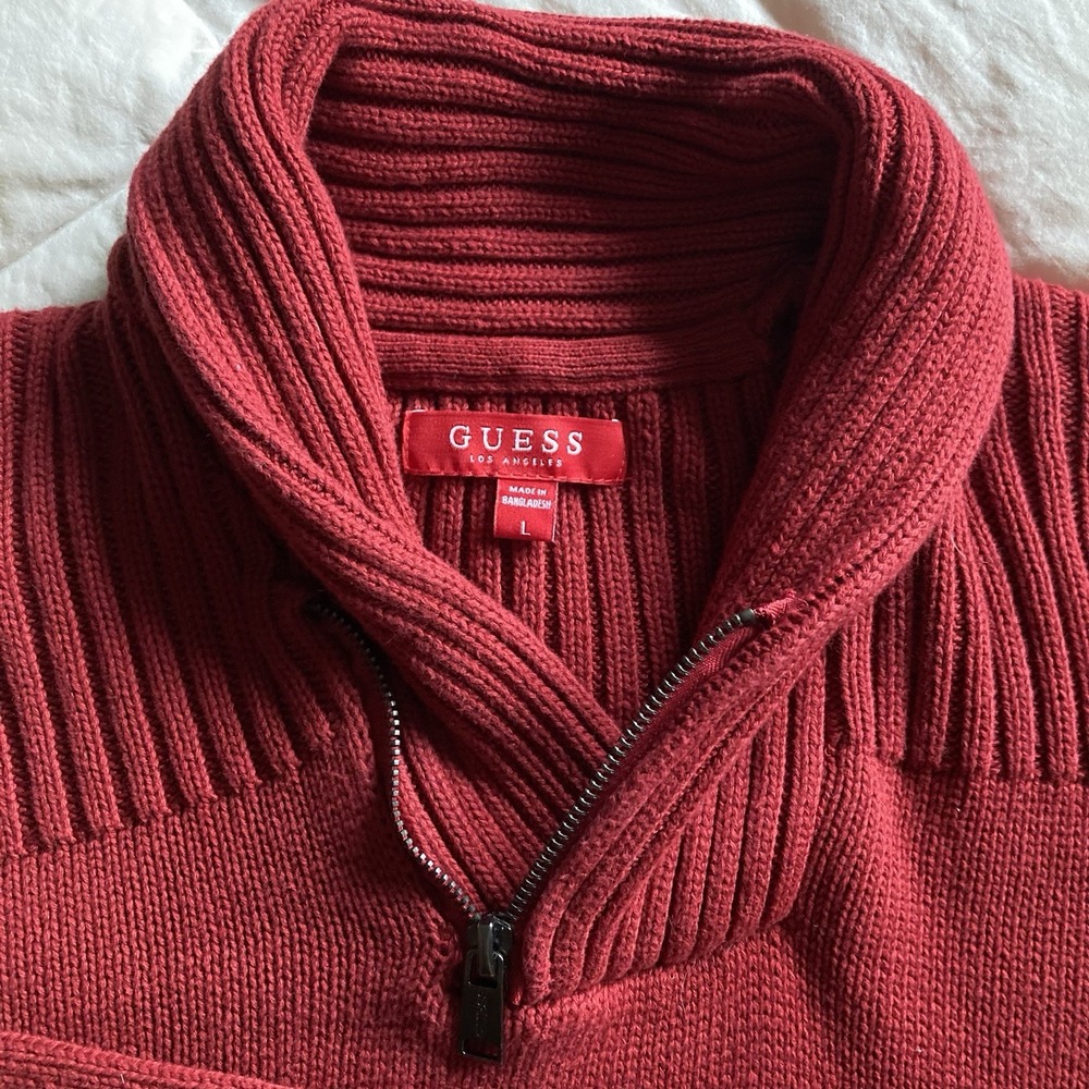 GUESS Cleo Zip Shawl Collar Pullover Sweater Mens Lg Cranberry Red Cotton Blend - Picture 5 of 14